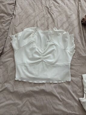 Women's White Lace-Trim Ribbed Crop Top